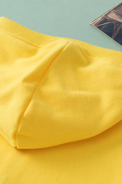 Yellow Ribbed Trim Kangaroo Pocket Zipped Hoodie