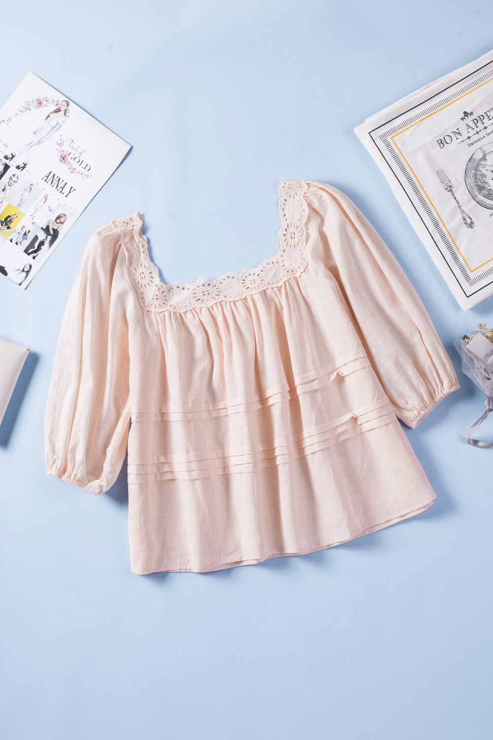 Beige Puff Sleeve Eyelet Babydoll Blouse