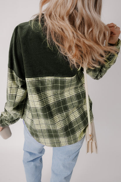 Blackish Green Snap Buttons Colorblock Plaid Shacket