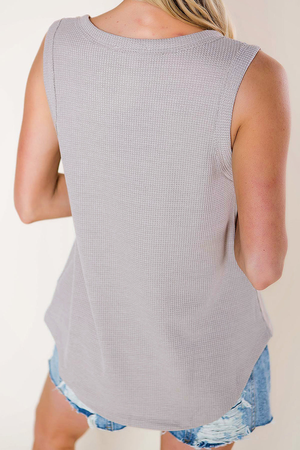 Gray Notched Neck Eyelet Thermal Knit Tank