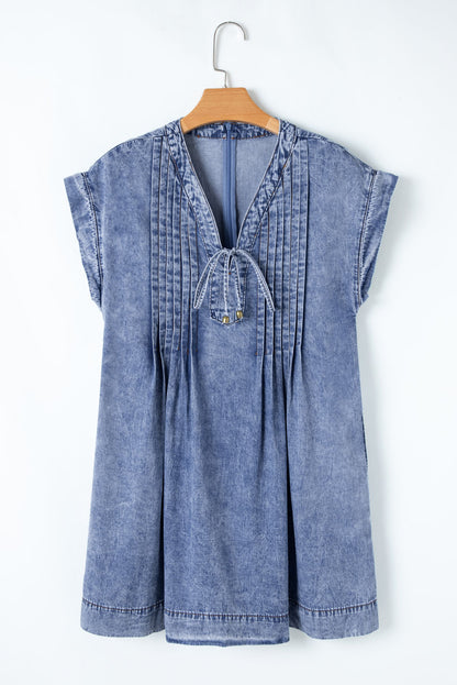 Beau Blue Tie V Neck Tucking Detail Short Sleeve Denim Shift Dress