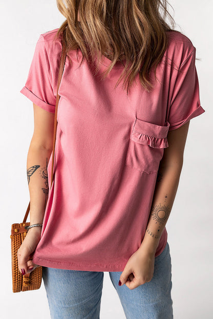 Frilled Pocket O-neck Short Sleeve T Shirt