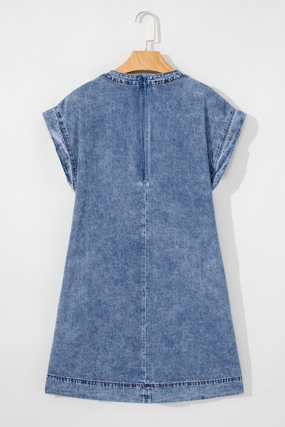 Beau Blue Tie V Neck Tucking Detail Short Sleeve Denim Shift Dress