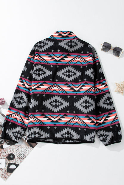 Black Aztec Printed Zip Up Collar Jacket