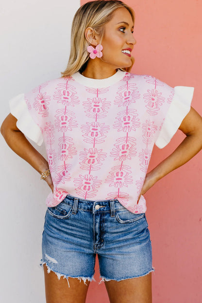 White Floral Printed Ruffled Short Sleeve Sweater