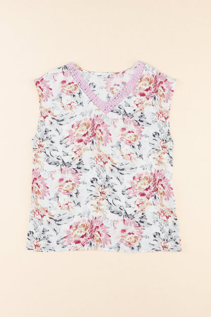 Pink Floral Print Lace Splicing Sleeveless Blouse