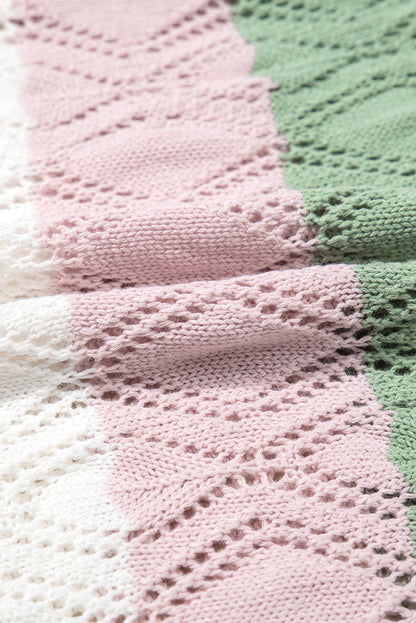 Rose Stripe Colorblock Hollowed Knit Scallop Edge Sweater Vest
