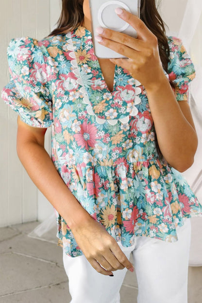 Multicolour Notched Neck Puff Short Sleeve Floral Blouse