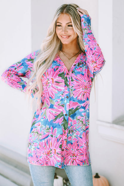 Pink Flower Print Long Sleeve Button Up Cardigan