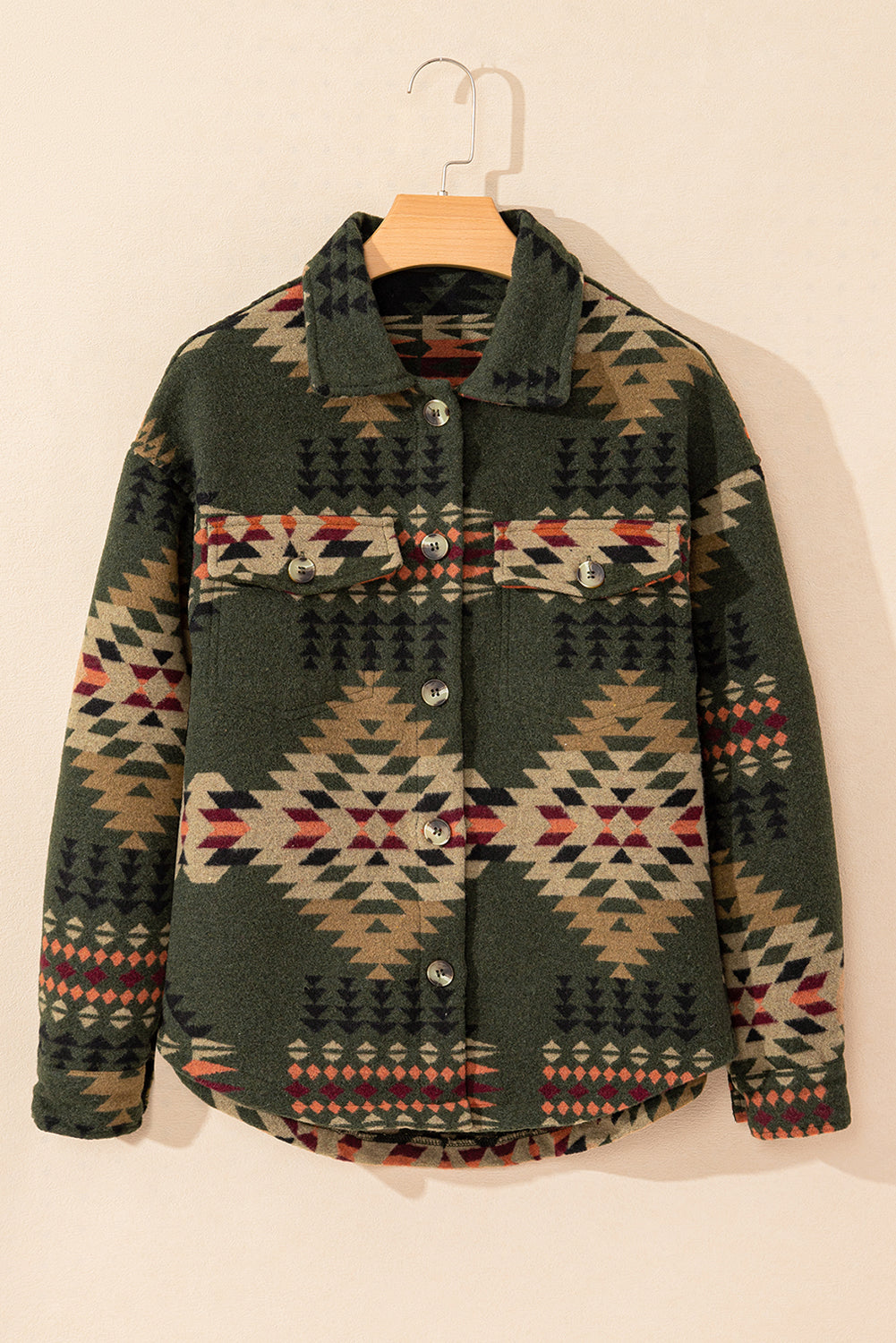 Green Aztec Print Flap Pockets Long Sleeve Shacket