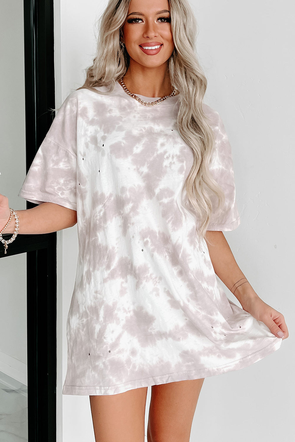 White Tie-dye Round Neck Short Sleeve Top