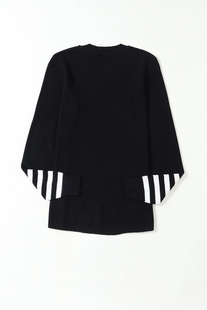 Black Striped Sleeve Plain Knit Sweater