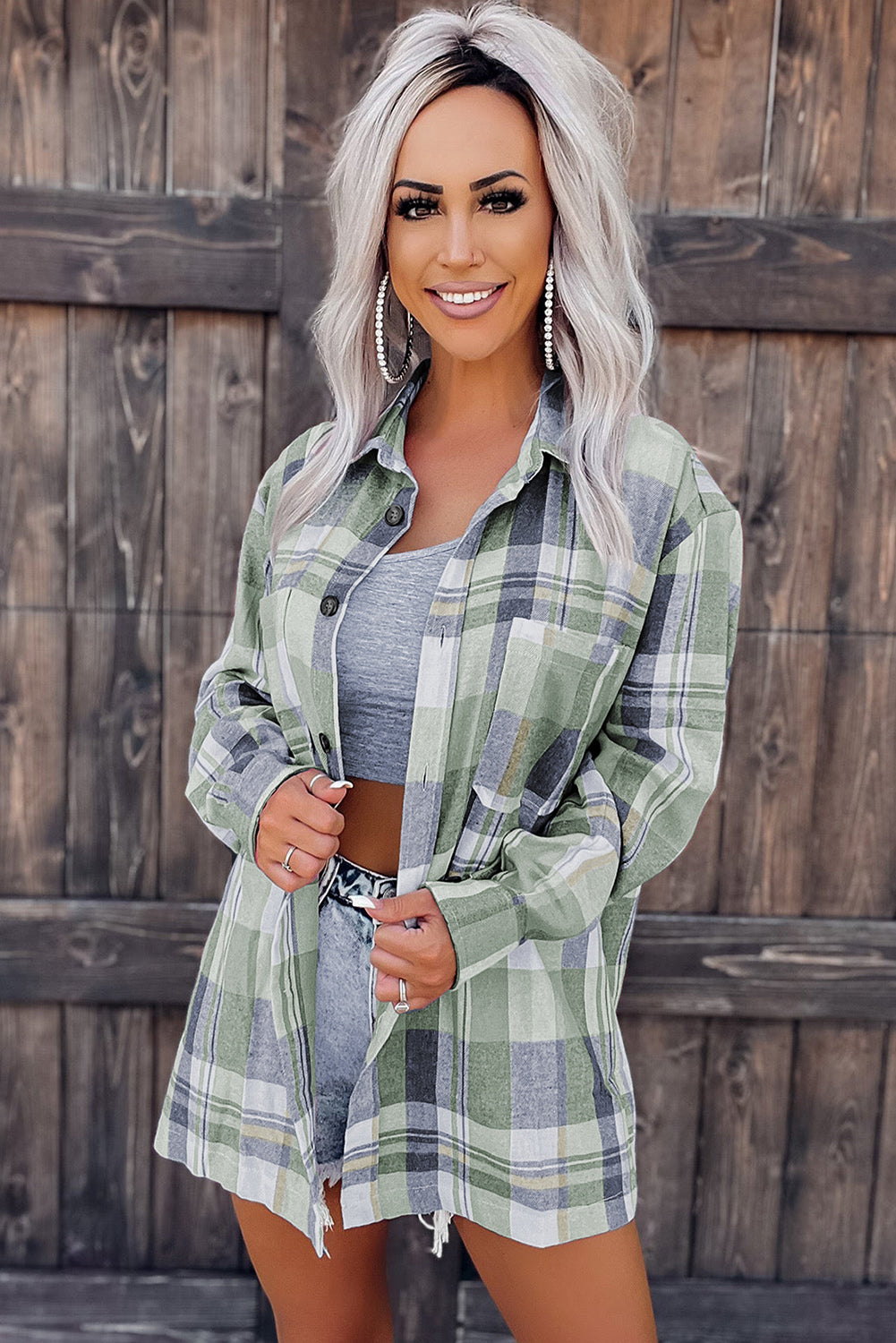 Green Plaid Button Up Patch Pocket Shirt