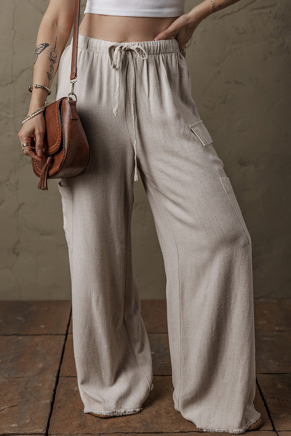 Beige Boho Linen Drawstring Waist Raw Edge Cargo Loose Pants