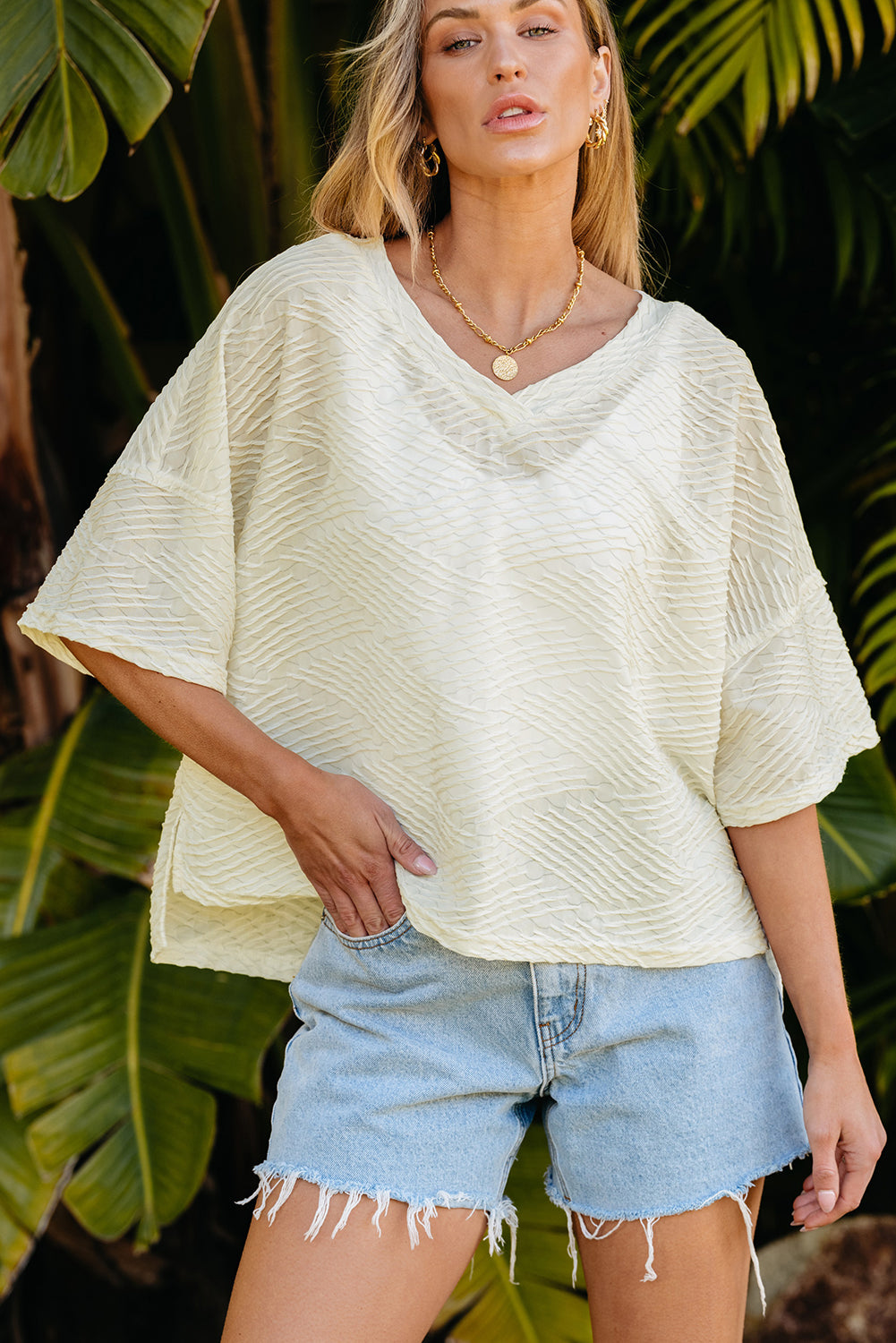 Beige V Neck Textured Split Hem Oversized Top