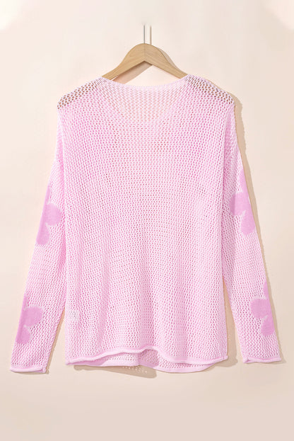 Light Pink Big Flower Hollowed Knit Drop Shoulder Sweater