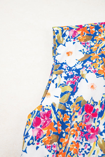 Rose Green Floral Print Bow Applique Slit Sleeveless Peplum Blouse
