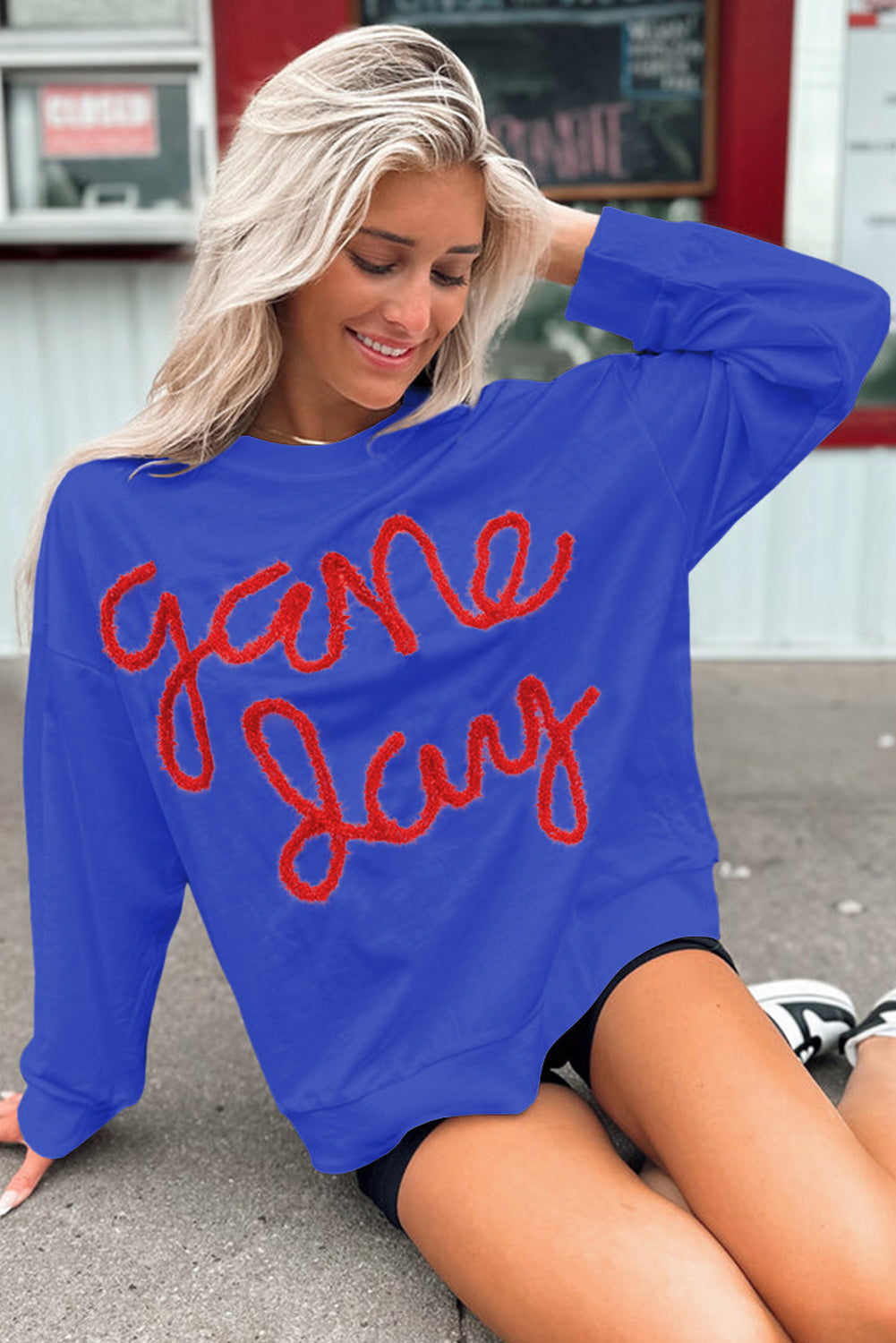 Dark Blue Tinsel Game Day Drop Shoulder Graphic Sweatshirt