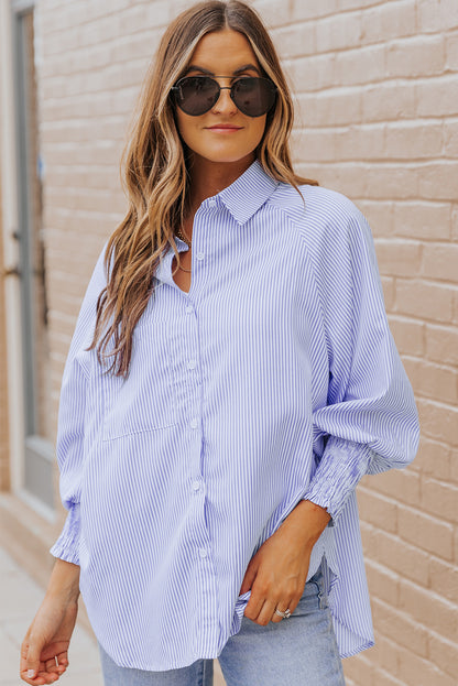 Sky Blue Smocked Cuffed Striped Boyfriend Shirt with Pocket