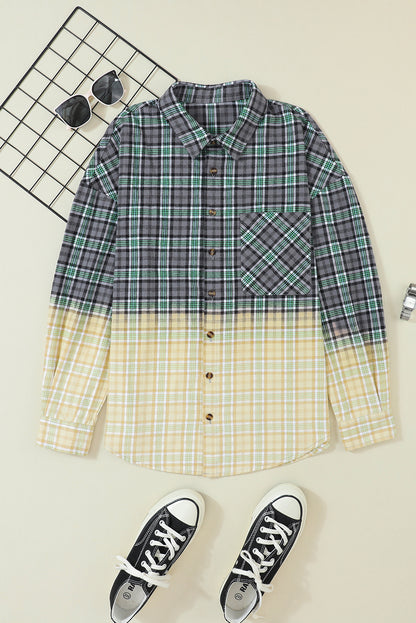 Blackish Green Contrast Plaid Patchwork Chest Pocket Button up Shacket