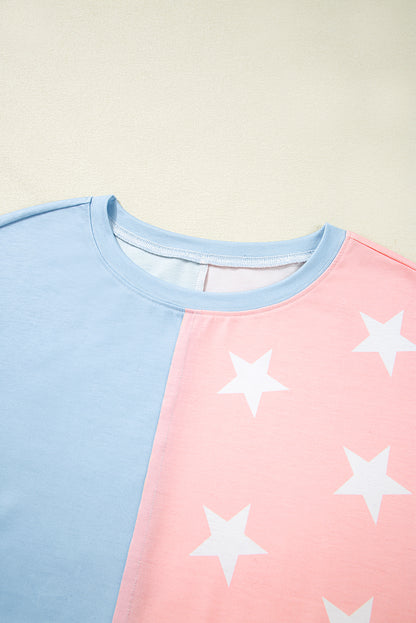 Pink Stars and Stripes Printed Crewneck Independence Day T Shirt