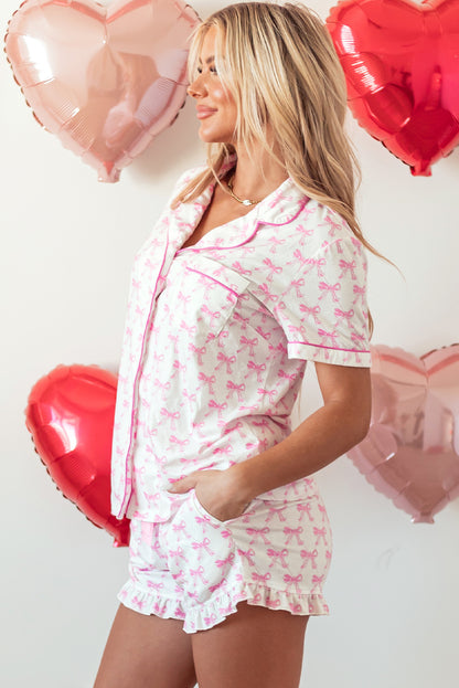 Pink Bowknot Printed Short Sleeve and Ruffled Shorts Valentines Pajama Set