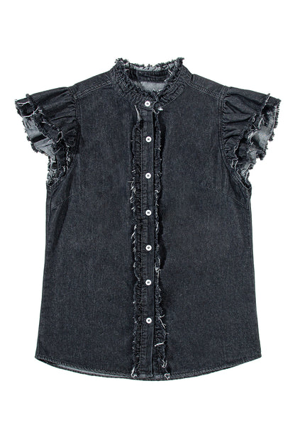 Black Button Front Ruffled Flutter Frayed Denim Top