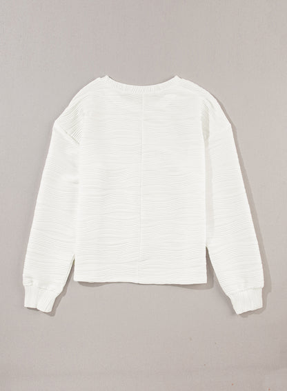 White Wavy Texture Drop Shoulder Long Sleeve Top