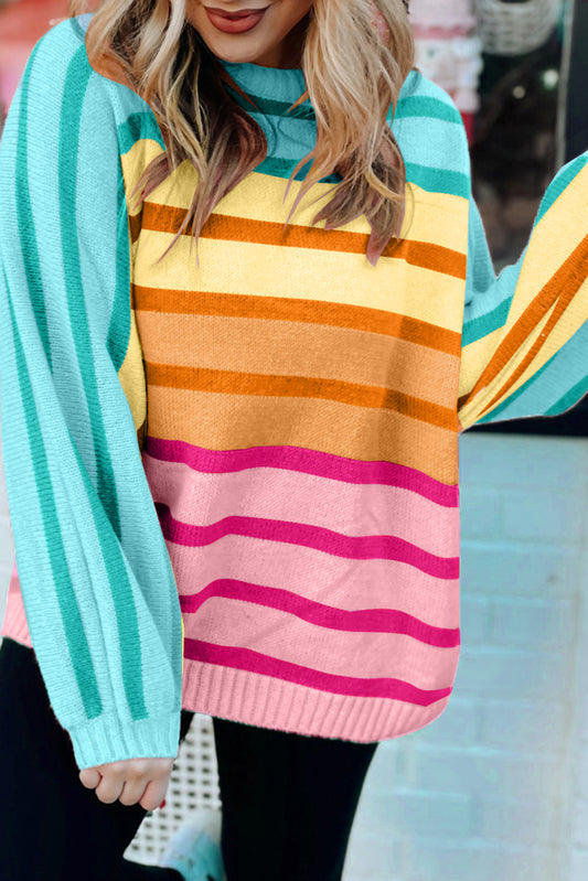 Yellow Stripe Gradient Striped Ribbed Edge Loose Sweater