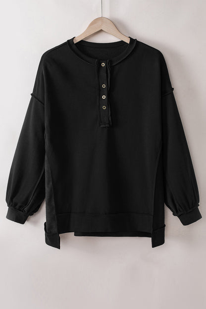 Black Oversized Exposed Seam Henley Sweatshirt