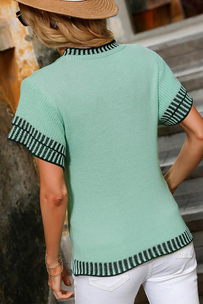 Mint Green Contrast Trim Round Neck Batwing Sleeve Knitted Top