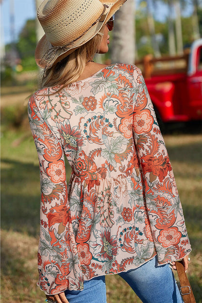 Orange Floral Print Deep V Neck Knot Bell Sleeve Blouse