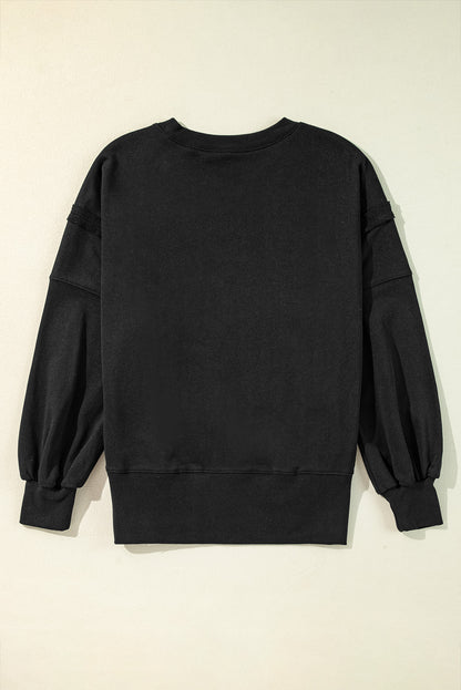 Black Exposed Seam Drop Shoulder Round Neck Sweatshirt with Slits