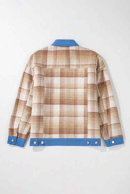 Light French Beige Plaid Patchwork Flap Detail Button Up Shacket