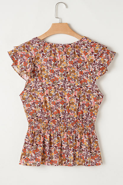 Red Floral Print Knot V Neck Ruffled Sleeve Blouse