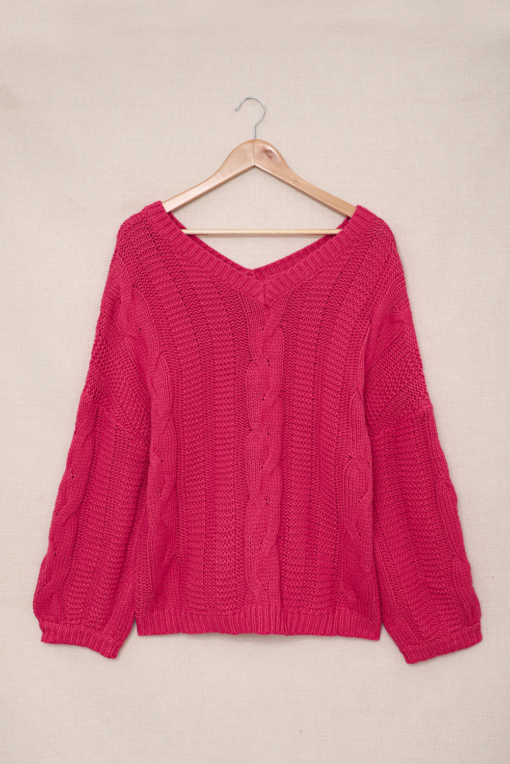 Rose Bubblegum V-Neck Braided Knit Sweater