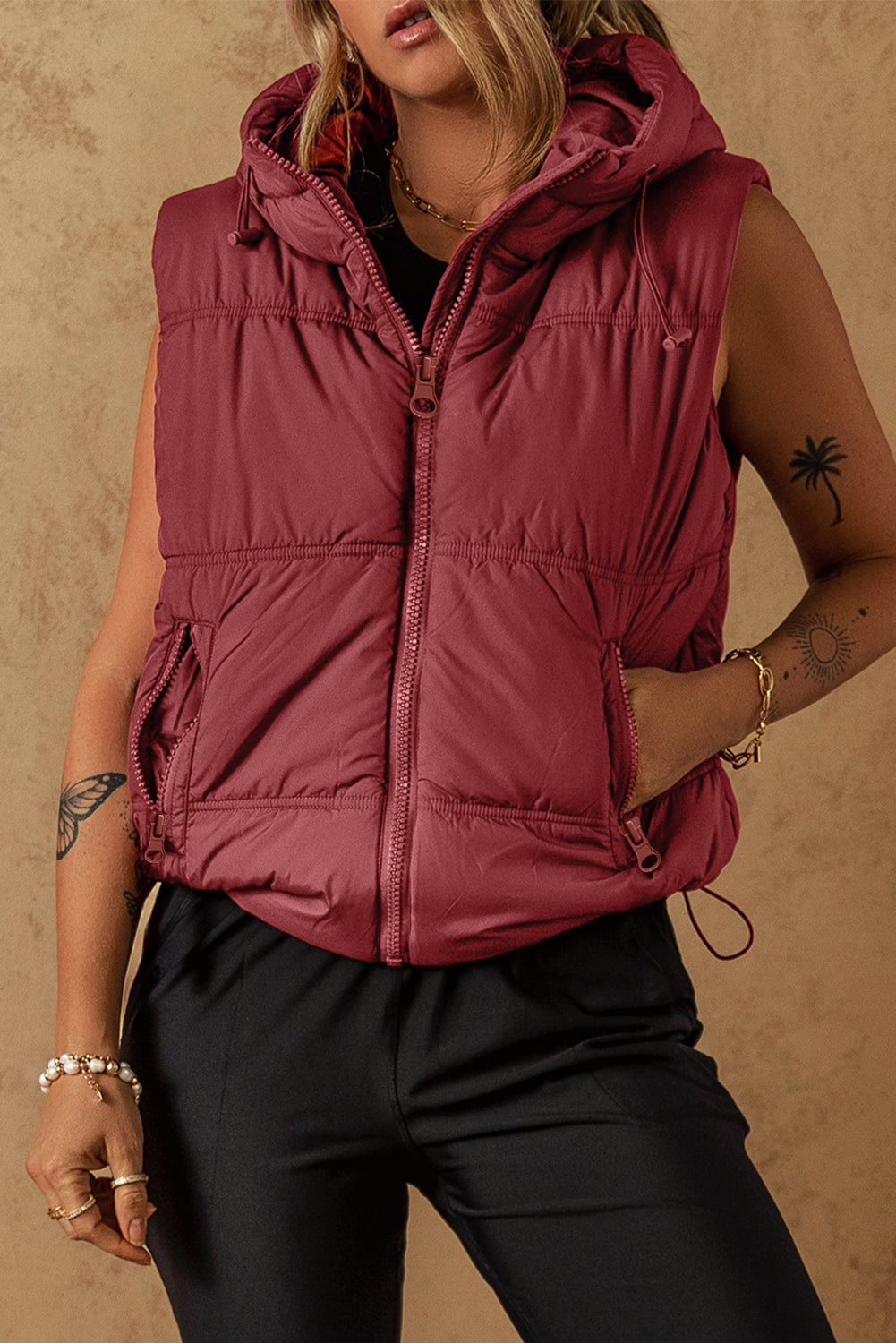 Clay Zip-up Side Pockets Hooded Puffer Vest