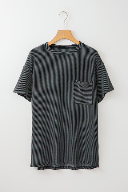 Carbon Grey Corded Knit Pocketed Loose Fit T Shirt