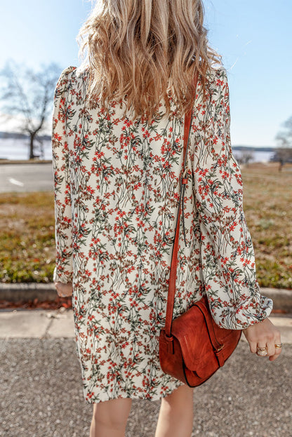 White Floral Printed Long Sleeve Mini Dress