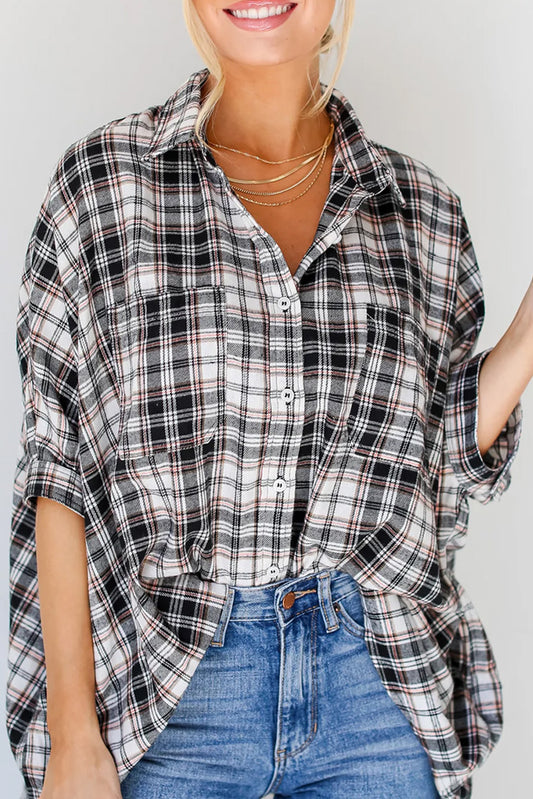 Black Plaid Print Chest Pockets Oversize Shirt