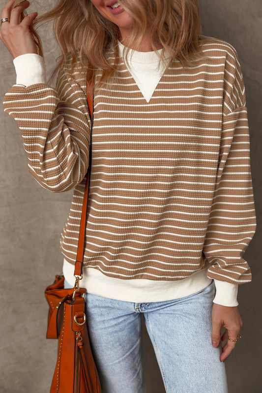 Khaki Stripe Patched Edge Textured Round Neck Long Sleeve Top