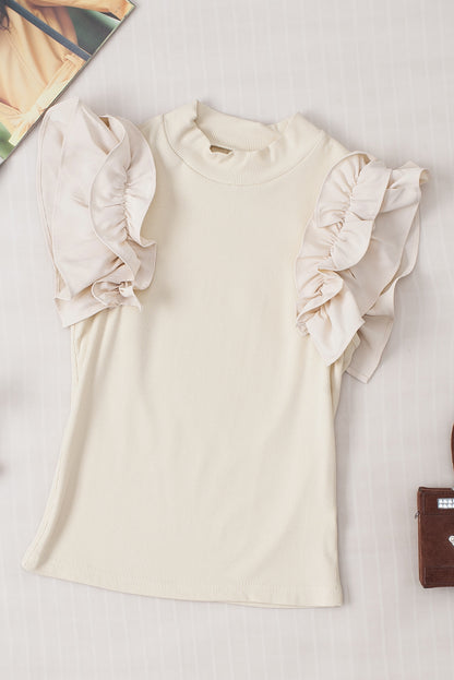 Beige Ruffle Flutter Sleeve High Neck Ribbed Blouse