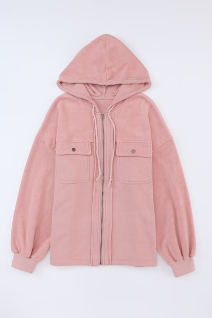 Pink Flap Pocket Drawstring Hood Zip Up Jacket