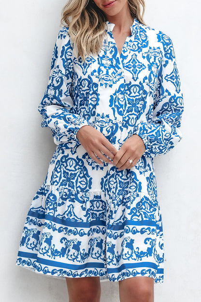 Sky Blue Tribal Print Button Up Notch Neck Loose Mini Dress