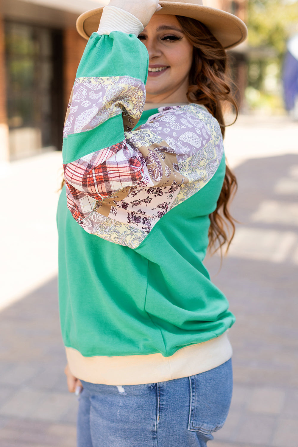 Sky Blue Plus Size Plaid Floral Patchwork Raglan Sleeve Sweatshirt