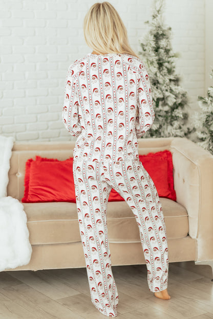 White Father Christmas Striped Print Contrast Drawstring Lounge Pant Set