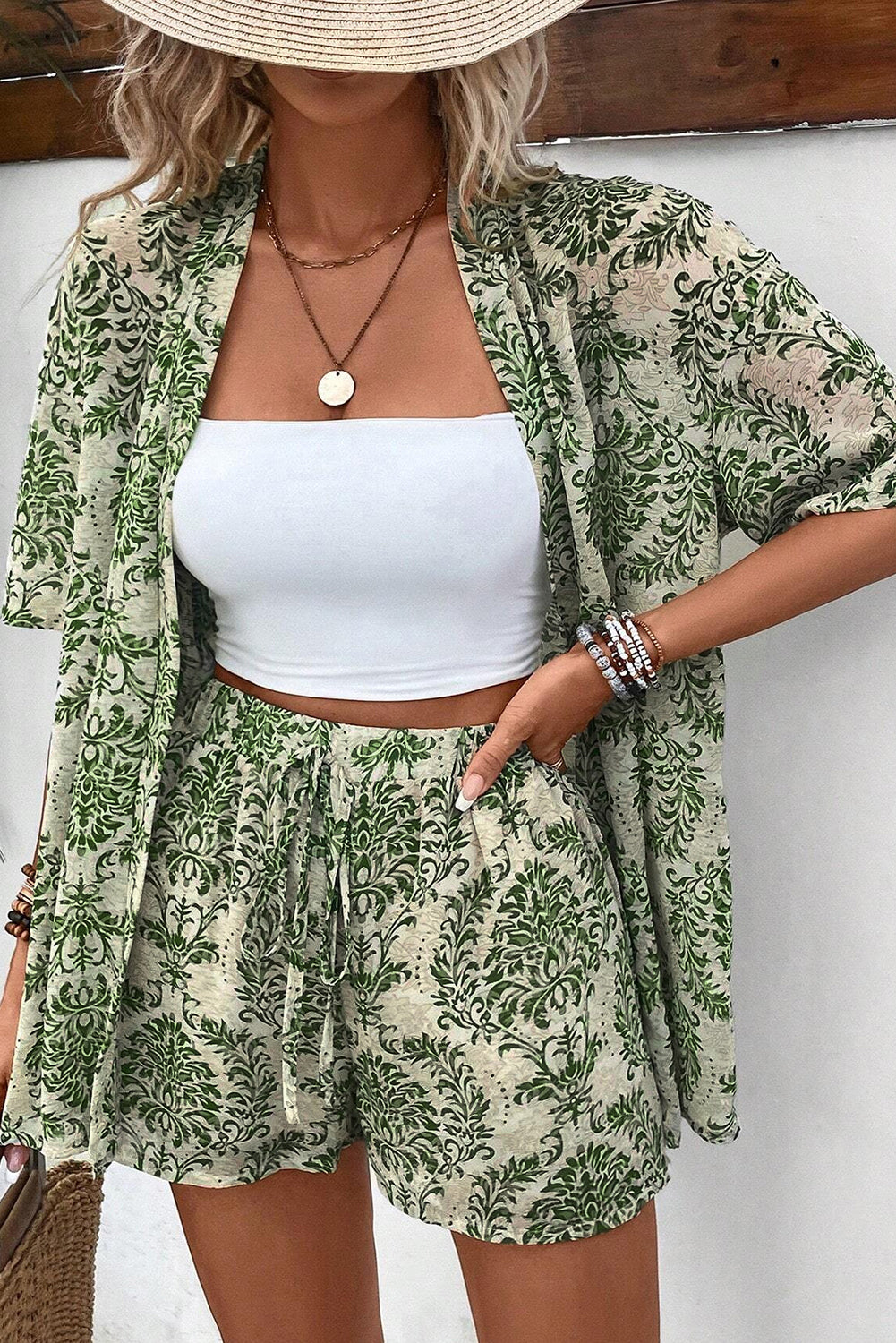 Green Vintage Floral Print Open Top and Shorts Outfit