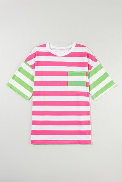 Pink Stripe Contrast Patch Pocket Drop Sleeve T Shirt