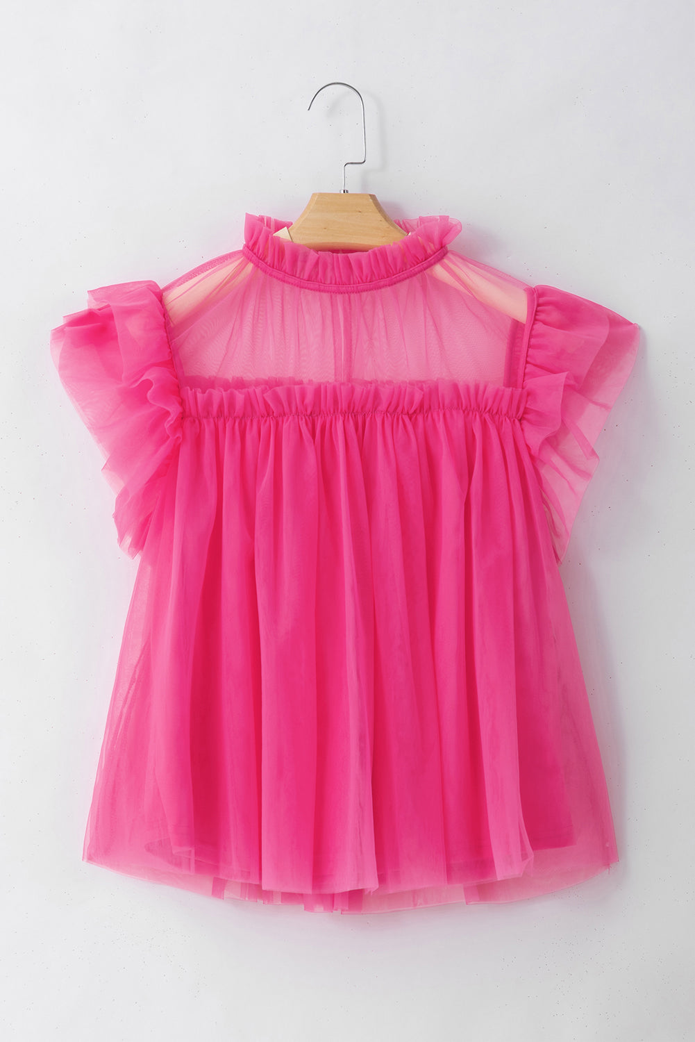 Strawberry Pink Tulle Ruffle Sleeve Flared Babydoll Blouse