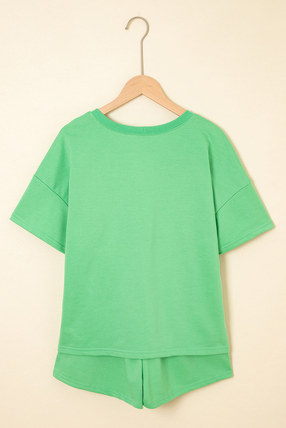 Mint Green V Neck Drop Shoulder Tee and Patchwork Drawstring Shorts Set